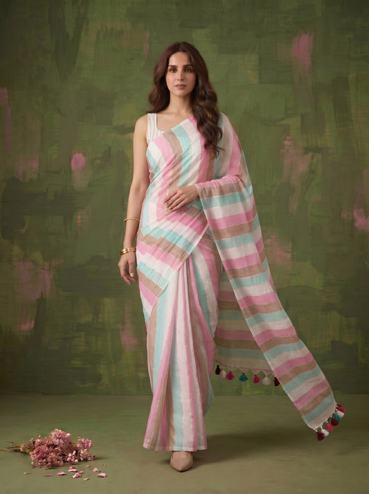Aabroo - Multicolour Striped Sequin Saree