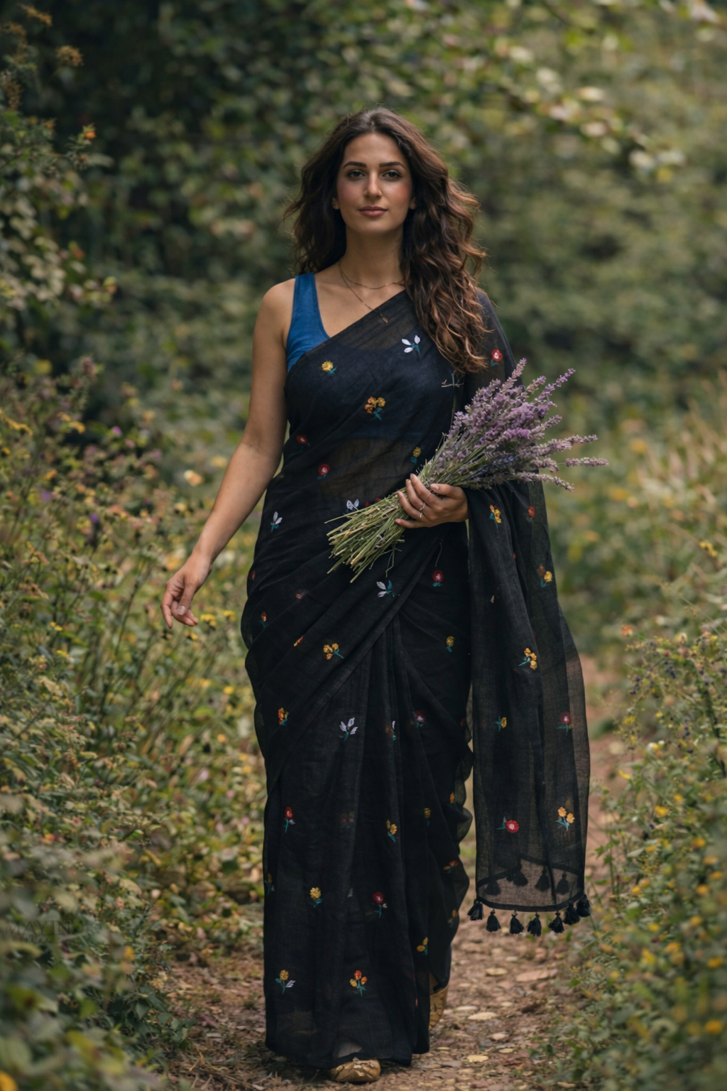 Gardenalia Black - Embroidered Mulmul Cotton Saree