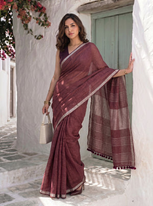 After Hours - Wine Red Pure Handloom Linen Saree with Zari border