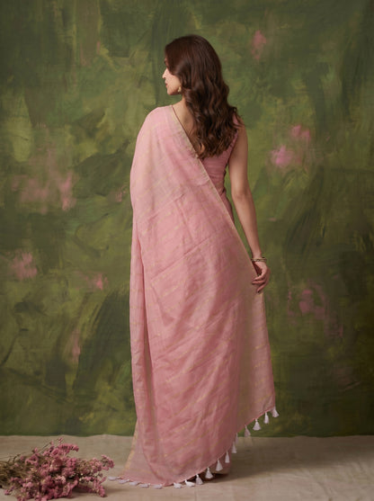 Tara - Pink Striped Mul Cotton Zari Saree