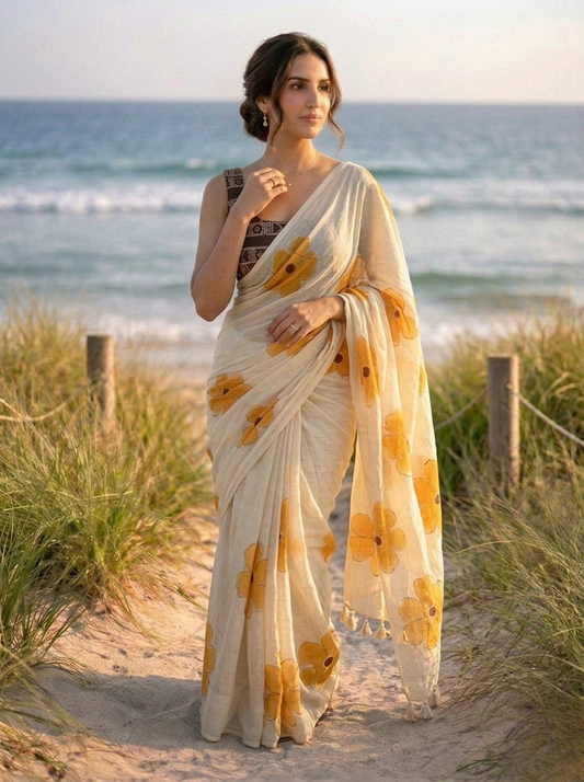 Velvet Leaf - Handpainted Mulmul Cotton Saree