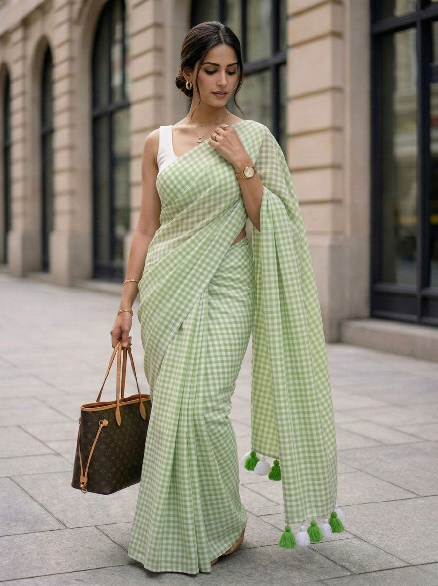 Spring Fern - Pastel Green Gingham Mulmul Cotton Saree
