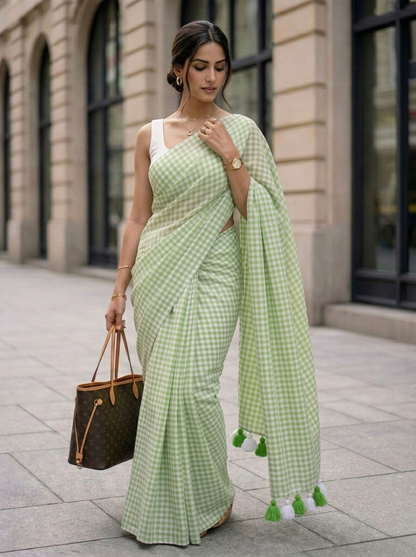 Spring Fern - Pastel Green Gingham Mulmul Cotton Saree