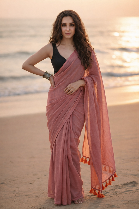 Mauve Melody - Plain Pink Mul Modal Saree