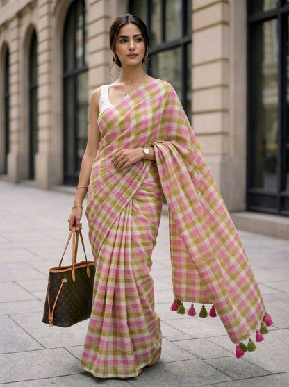 Morning Dew - Pink Lime Gingham Mulmul Cotton Saree