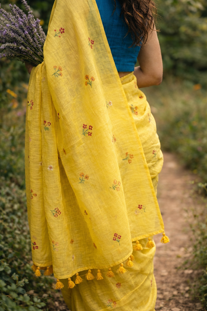 Gardenalia Yellow - Embroidered Mulmul Cotton Saree