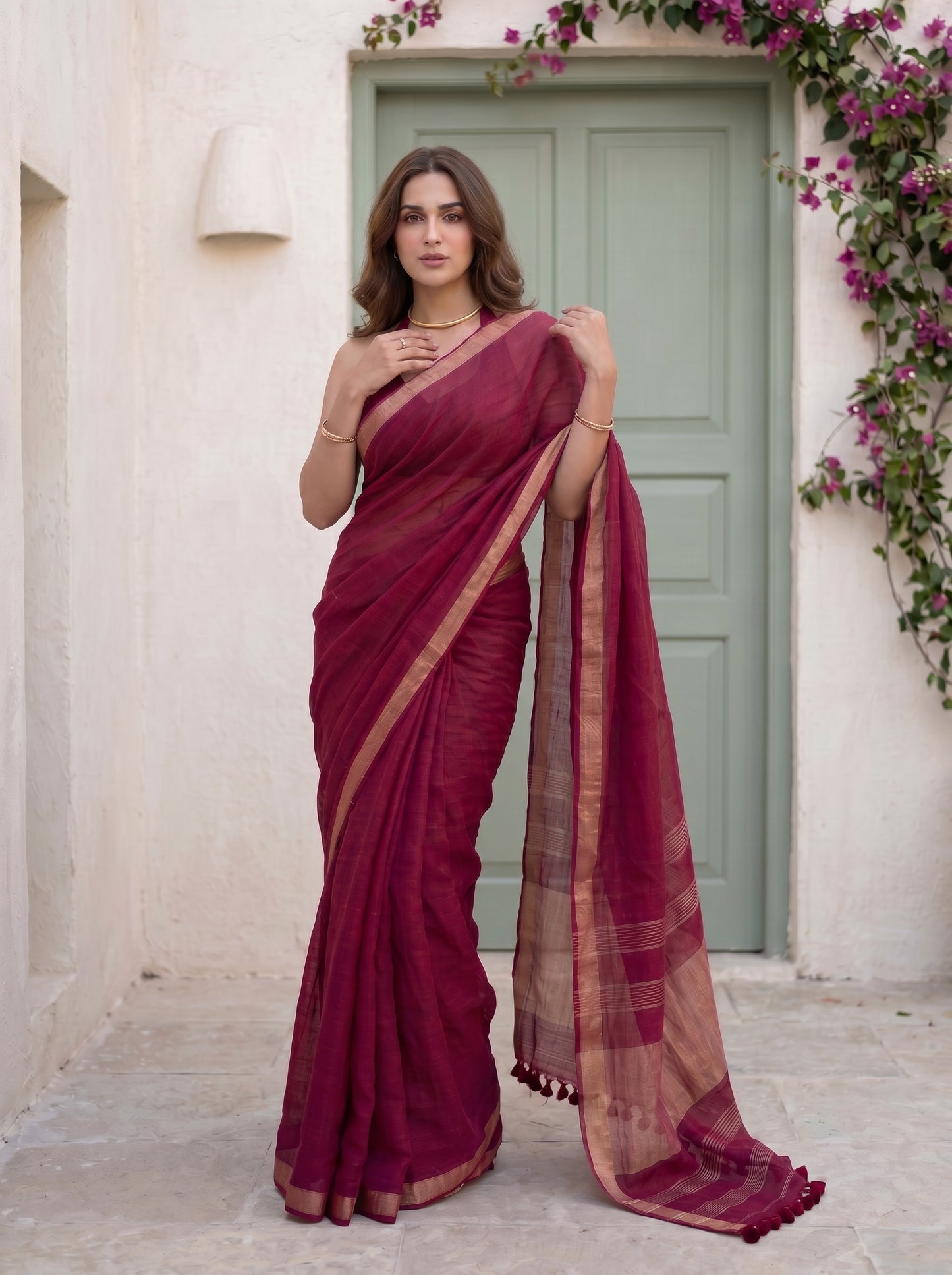 Main Event - Burgundy Red Pure Handloom Linen Saree with Zari border