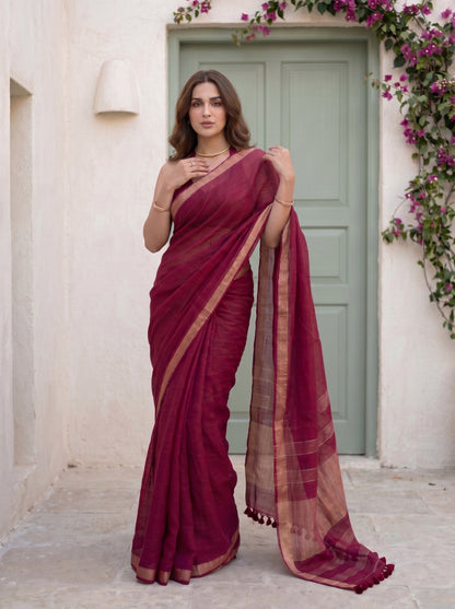 Main Event - Burgundy Red Pure Handloom Linen Saree with Zari border