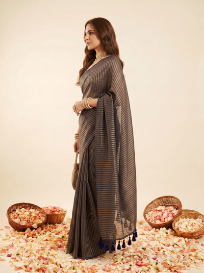 Raag - Blue Striped Mul Cotton Zari Saree