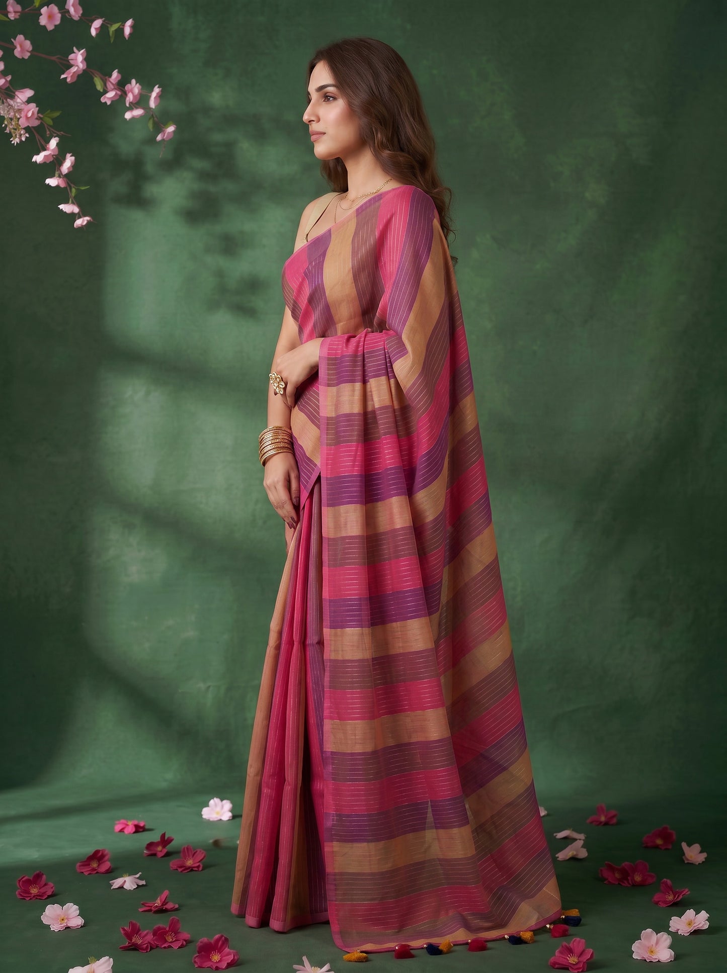 Samaya - Multicolour Striped Mul Cotton Zari Saree