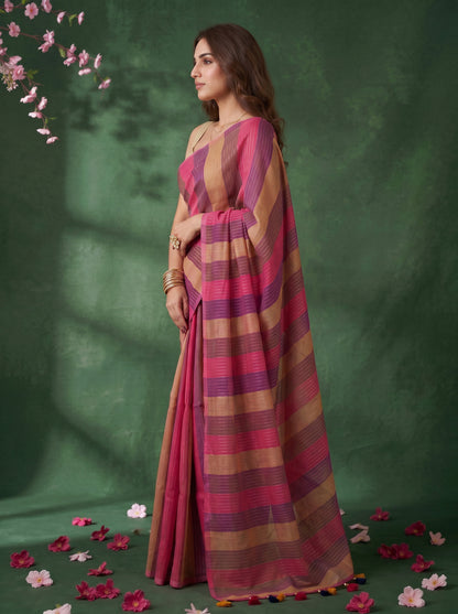Samaya - Multicolour Striped Mul Cotton Zari Saree
