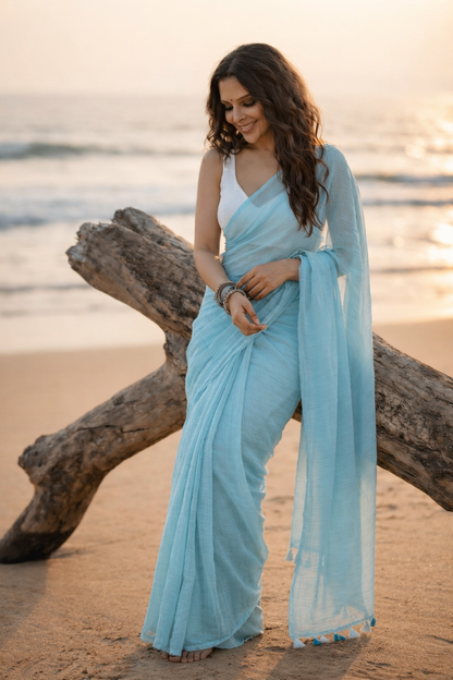 Powder Blue - Plain Mul Cotton Saree
