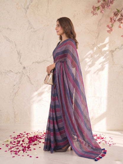 Gulnaar - Purple Striped Mul Cotton Zari Saree