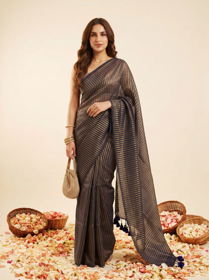 Raag - Blue Striped Mul Cotton Zari Saree