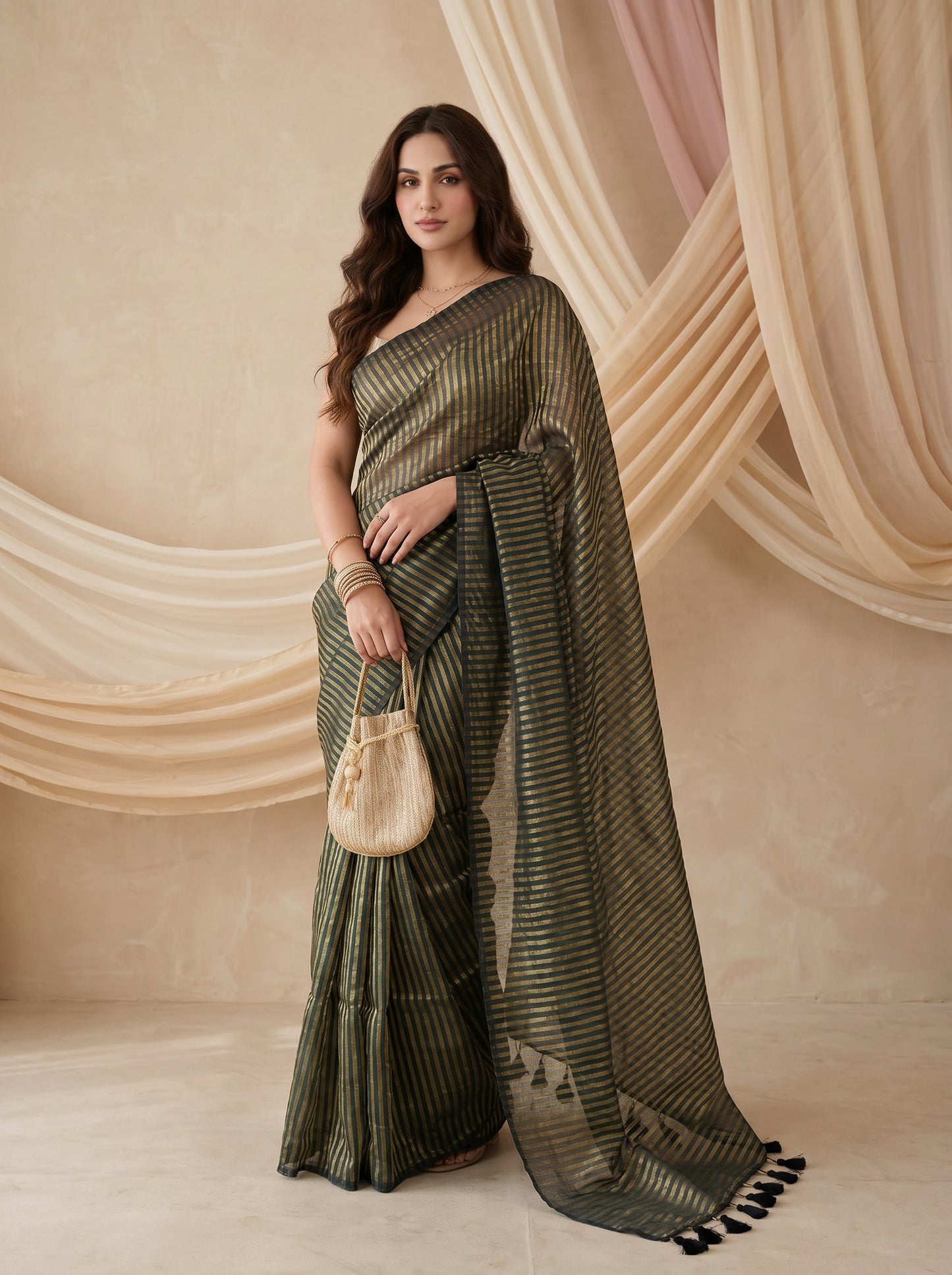 Saaz - Green Striped Mul Cotton Zari Saree
