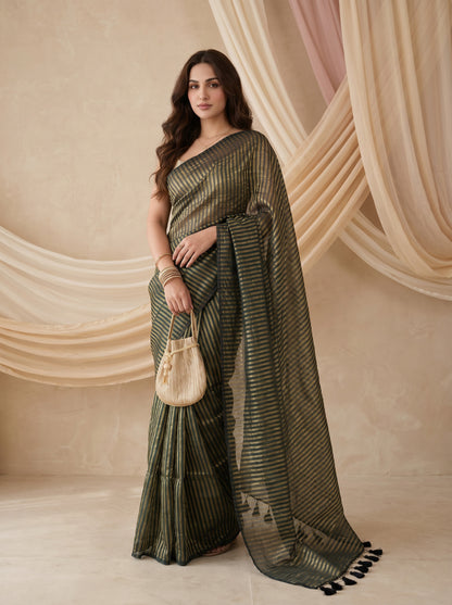 Saaz - Green Striped Mul Cotton Zari Saree