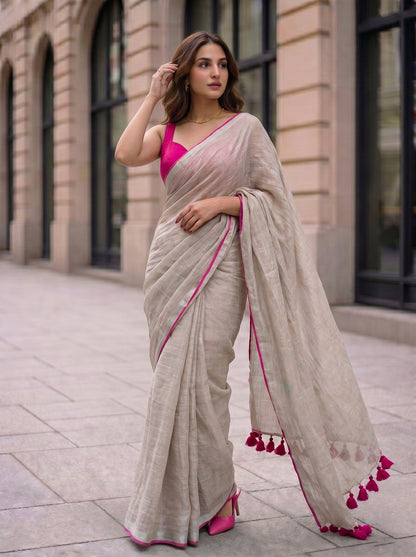 The Go to - Ivory Pure Handloom Linen Saree with Zari Border