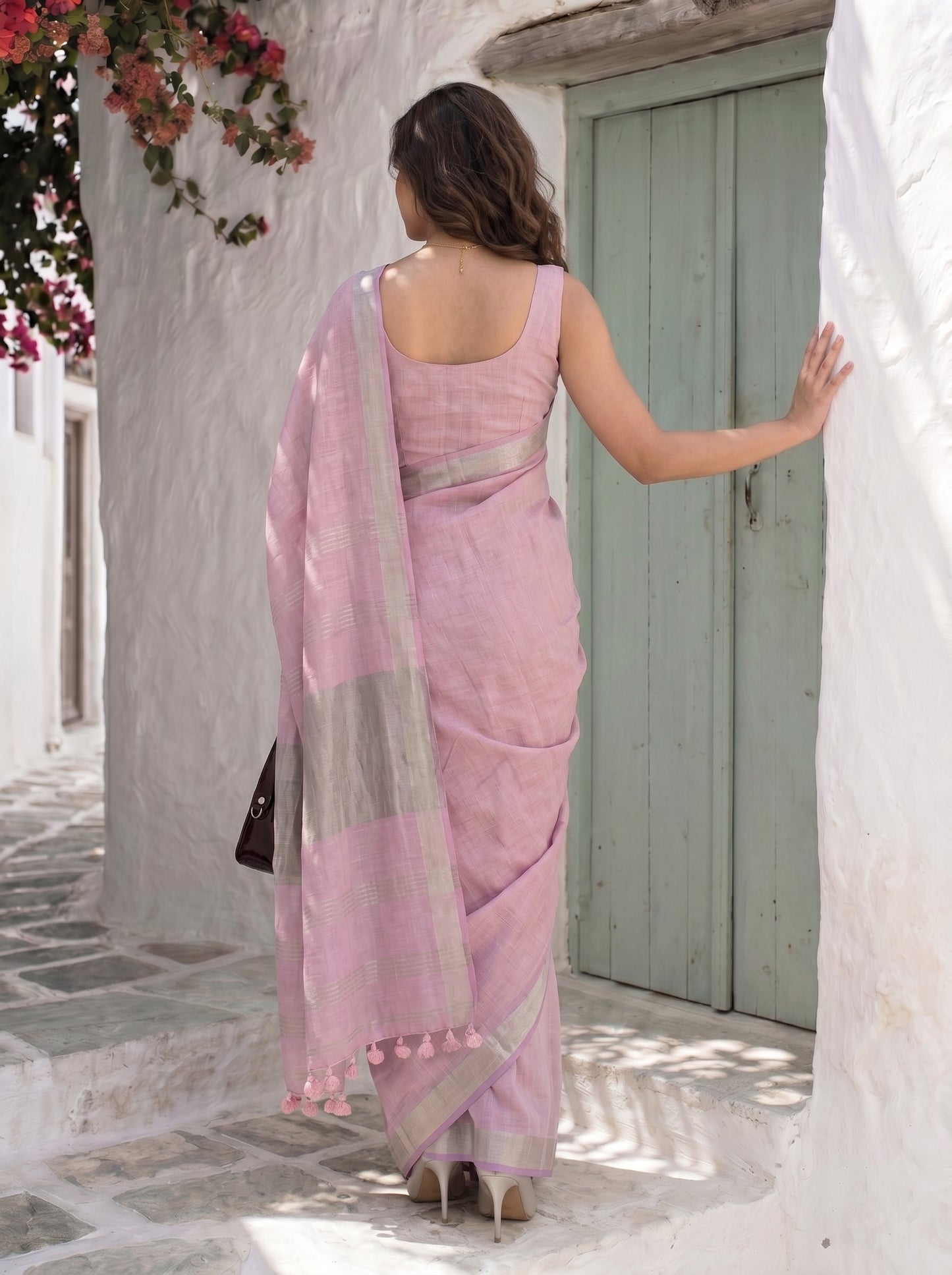 Poise - Pink Pure Handloom Linen Saree with Zari border