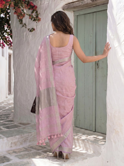 Poise - Pink Pure Handloom Linen Saree with Zari border