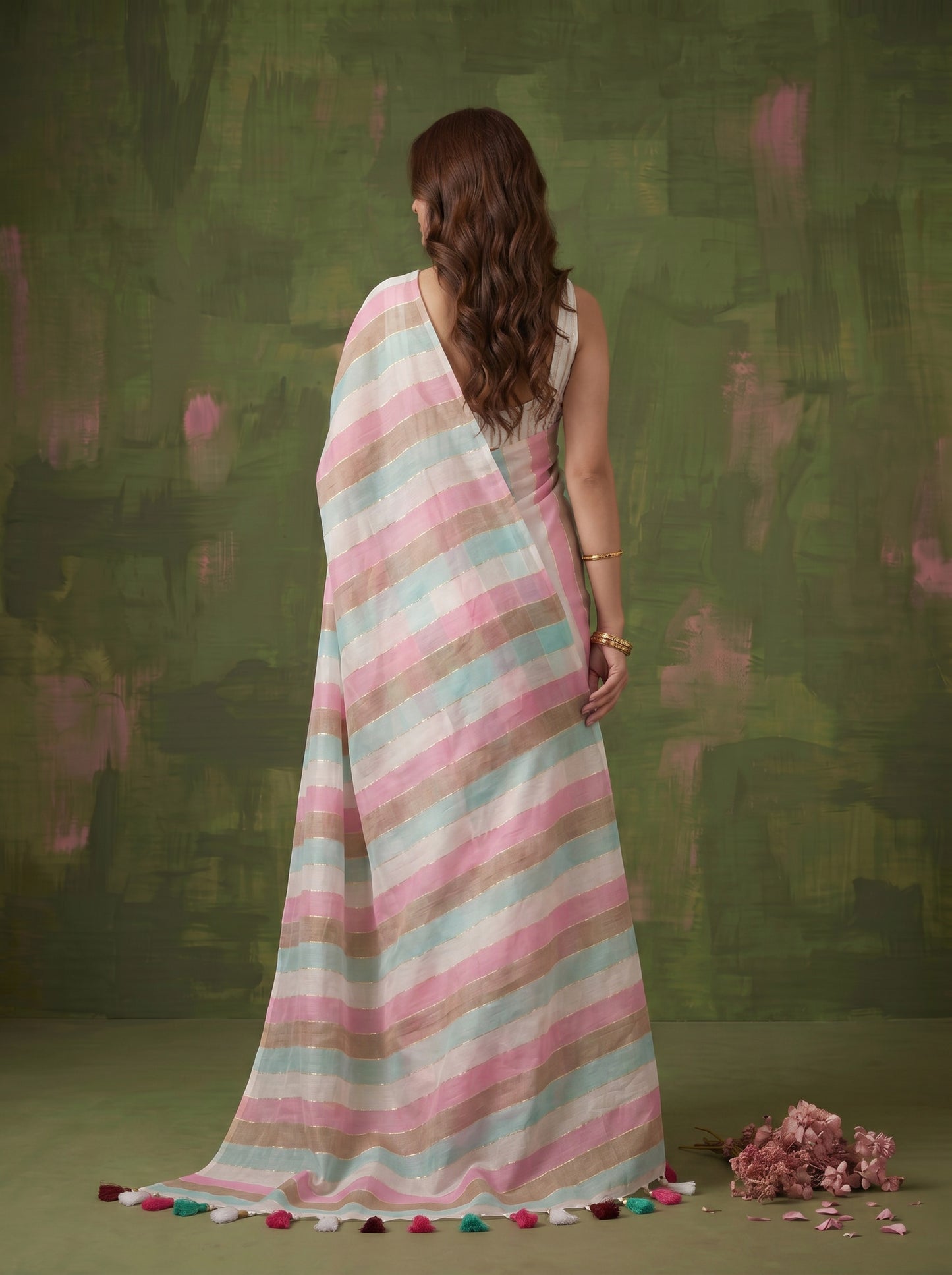Aabroo - Multicolour Striped Sequin Saree