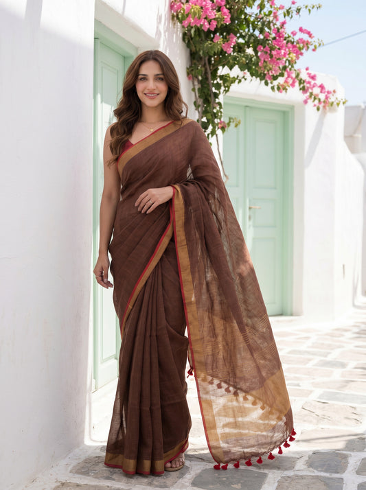 Double Espresso - Brown Pure Handloom Linen Saree with Zari Border
