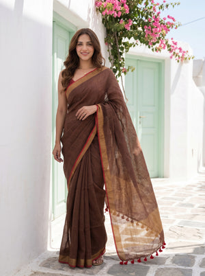 Double Espresso - Brown Pure Handloom Linen Saree with Zari Border