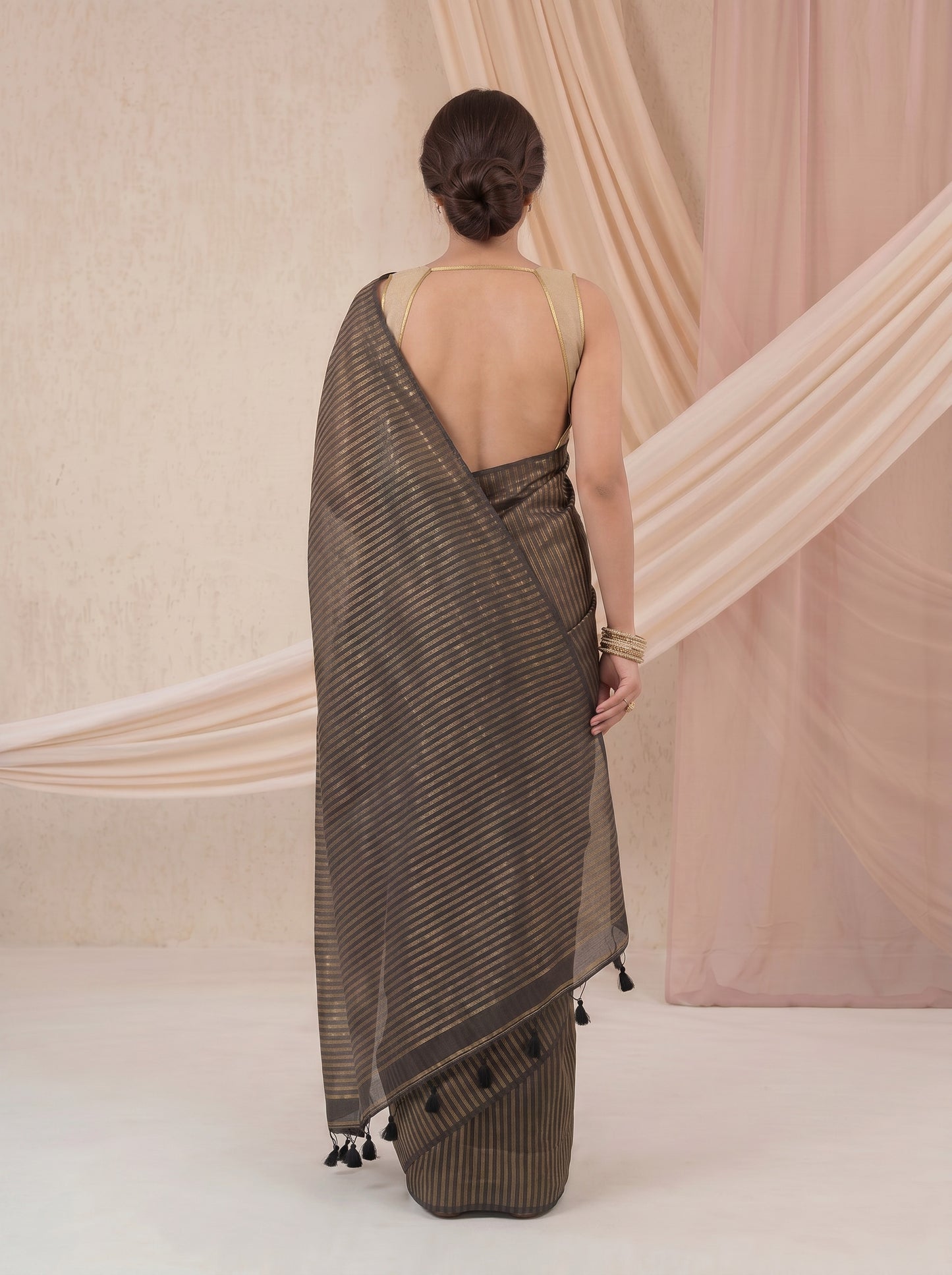 Saanjh - Black Striped Mul Cotton Zari Saree