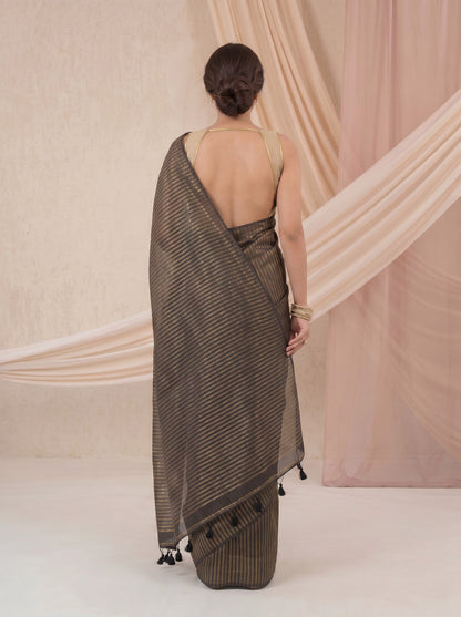Saanjh - Black Striped Mul Cotton Zari Saree
