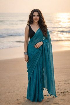 Forest Fantasy - Plain Teal Blue Mul Cotton Saree