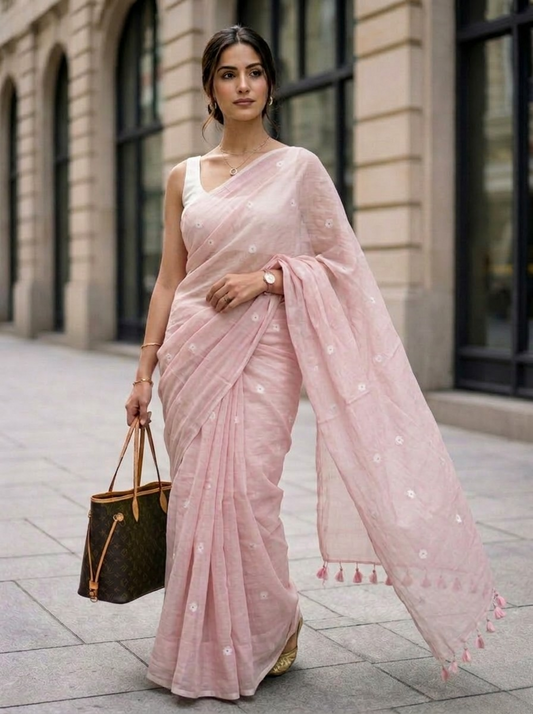 Feather Pink Muslin Handloom Jamdani Saree