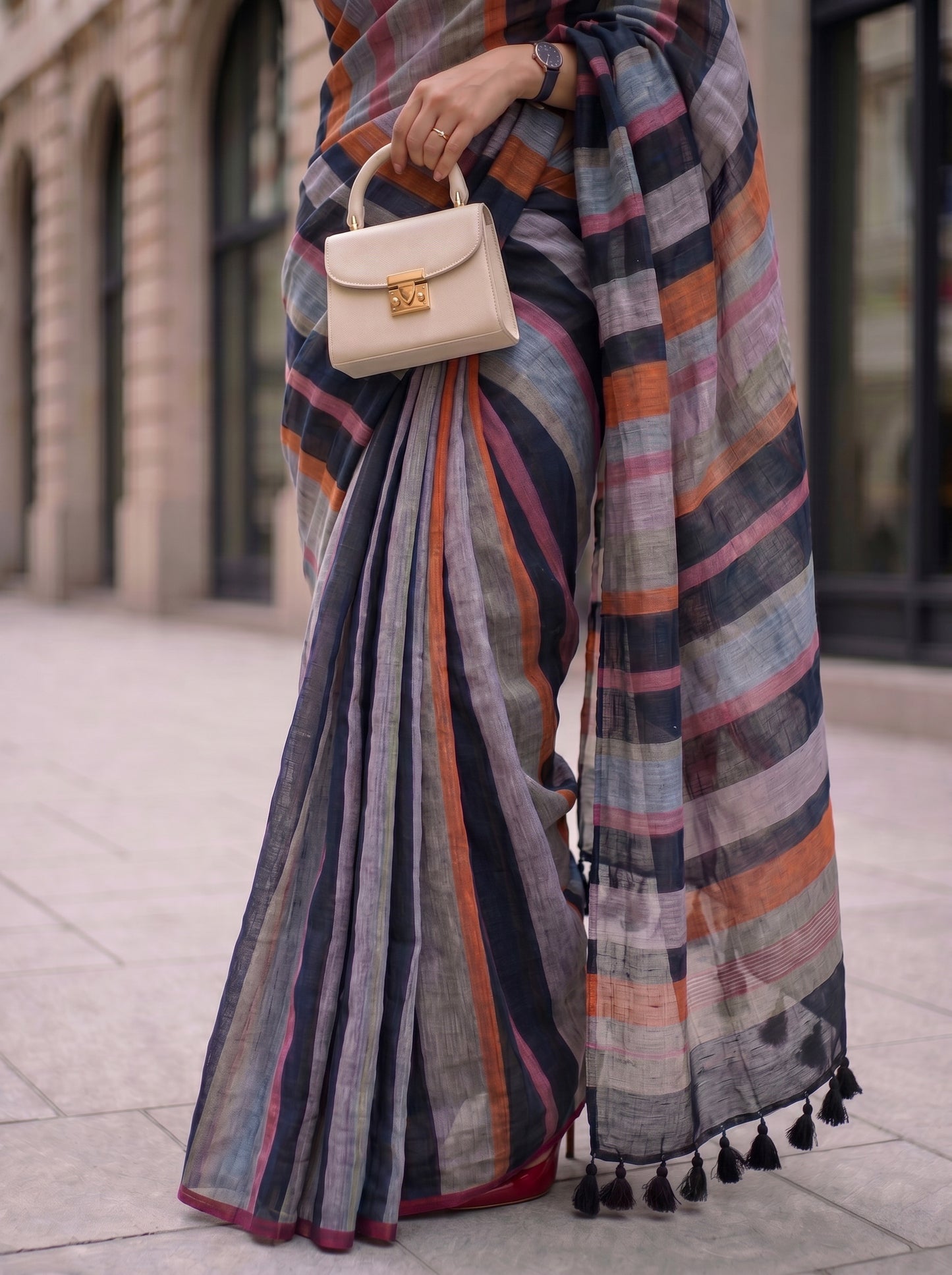 Crosswalk - Multicolour Striped Pure Handloom Linen Saree