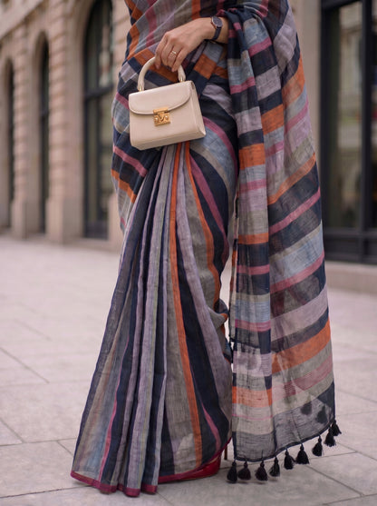 Crosswalk - Multicolour Striped Pure Handloom Linen Saree
