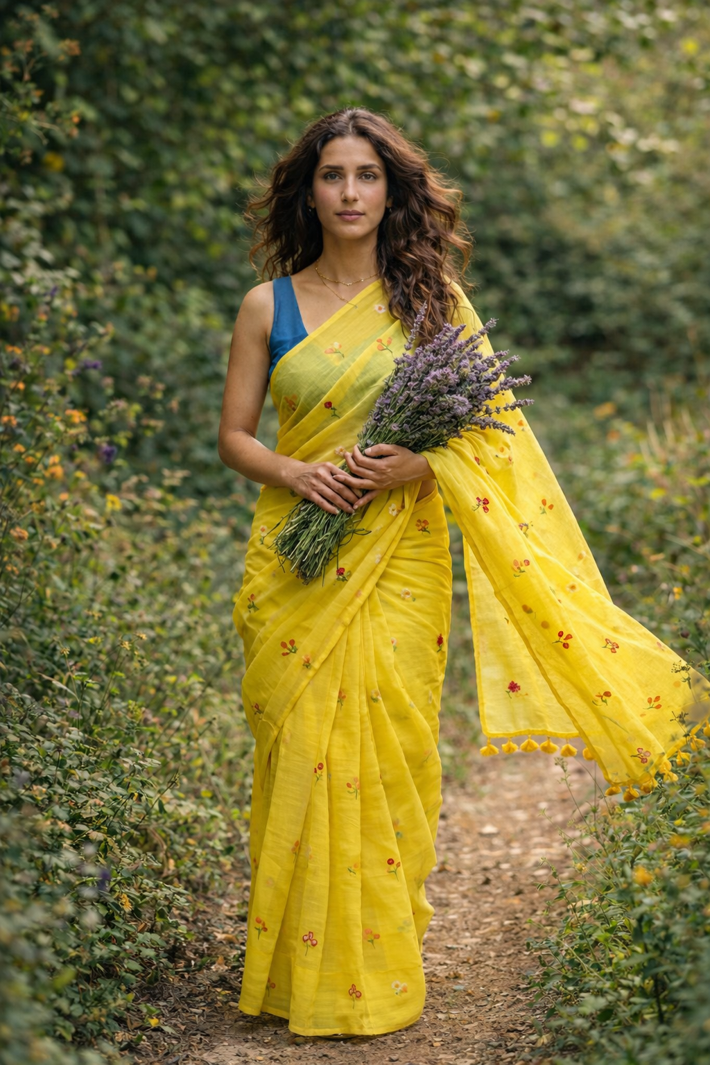 Gardenalia Yellow - Embroidered Mulmul Cotton Saree
