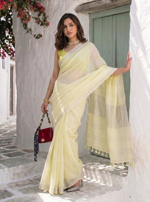 Buttercream - Yellow Pure Handloom Linen Saree with Zari border