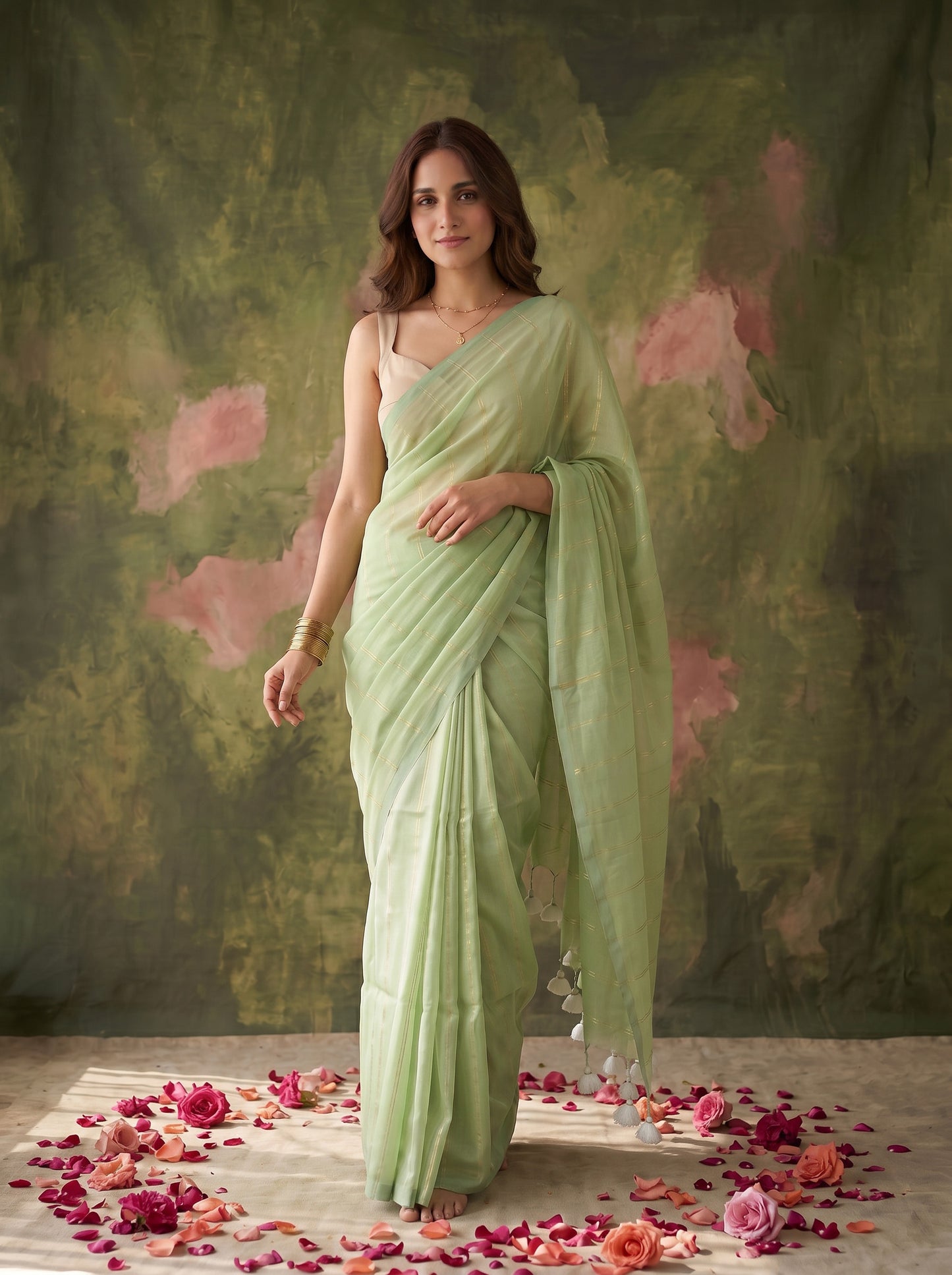Raab - Green Striped Mul Cotton Zari Saree