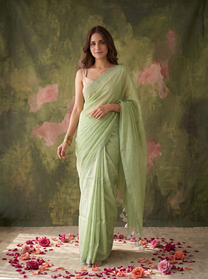 Raab - Green Striped Mul Cotton Zari Saree