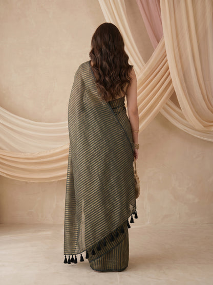 Saaz - Green Striped Mul Cotton Zari Saree