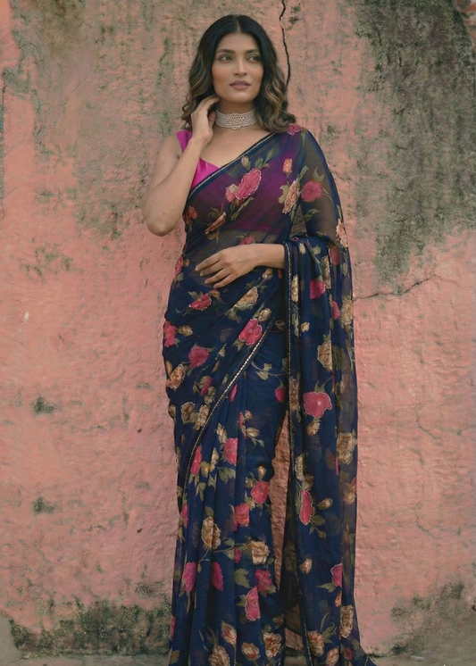Vintage Blue Chiffon Saree