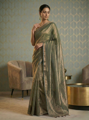 Olive Handloom Linen Tissue Saree