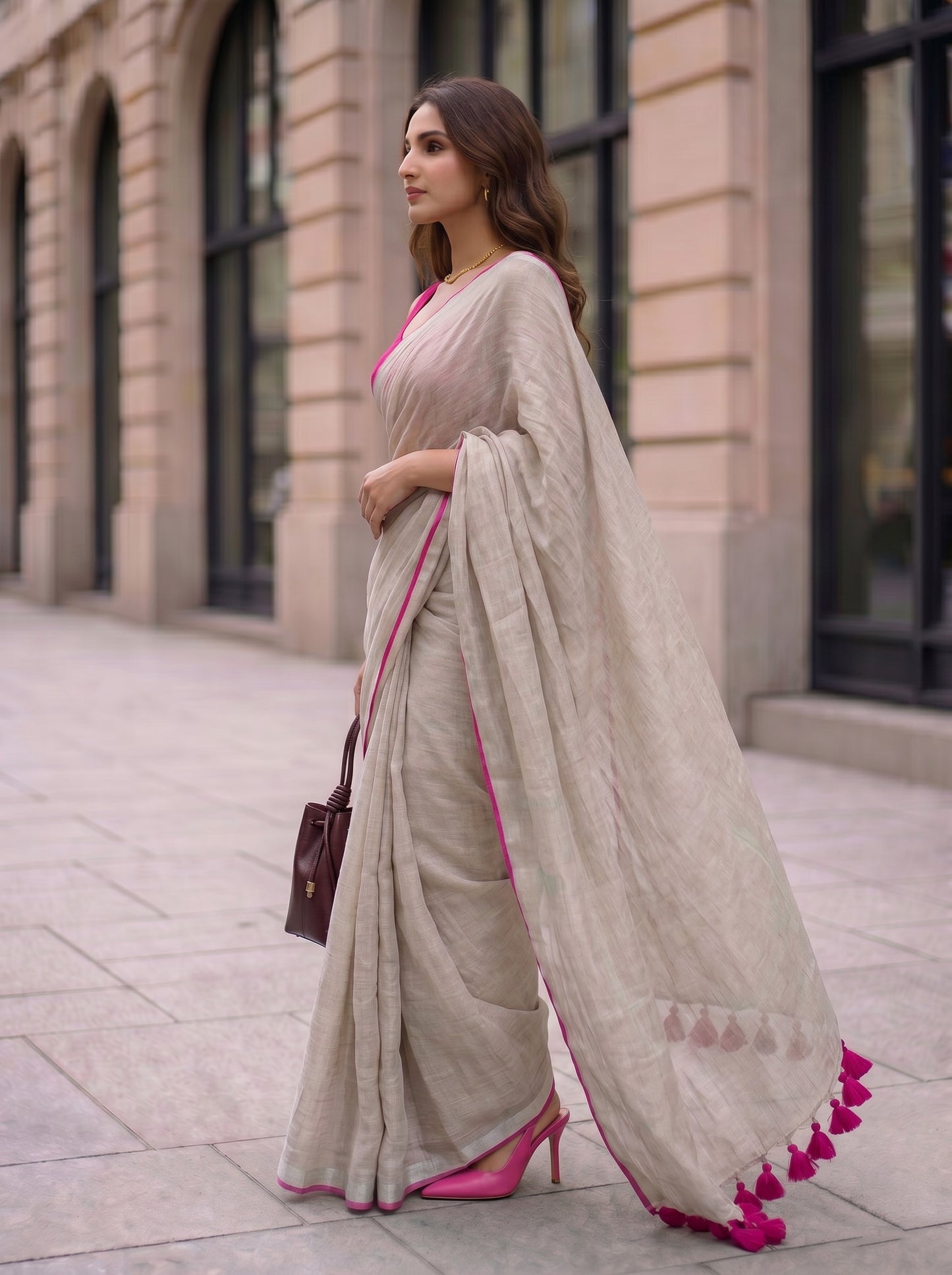 The Go to - Ivory Pure Handloom Linen Saree with Zari Border