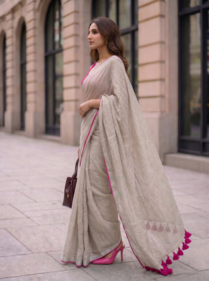 The Go to - Ivory Pure Handloom Linen Saree with Zari Border