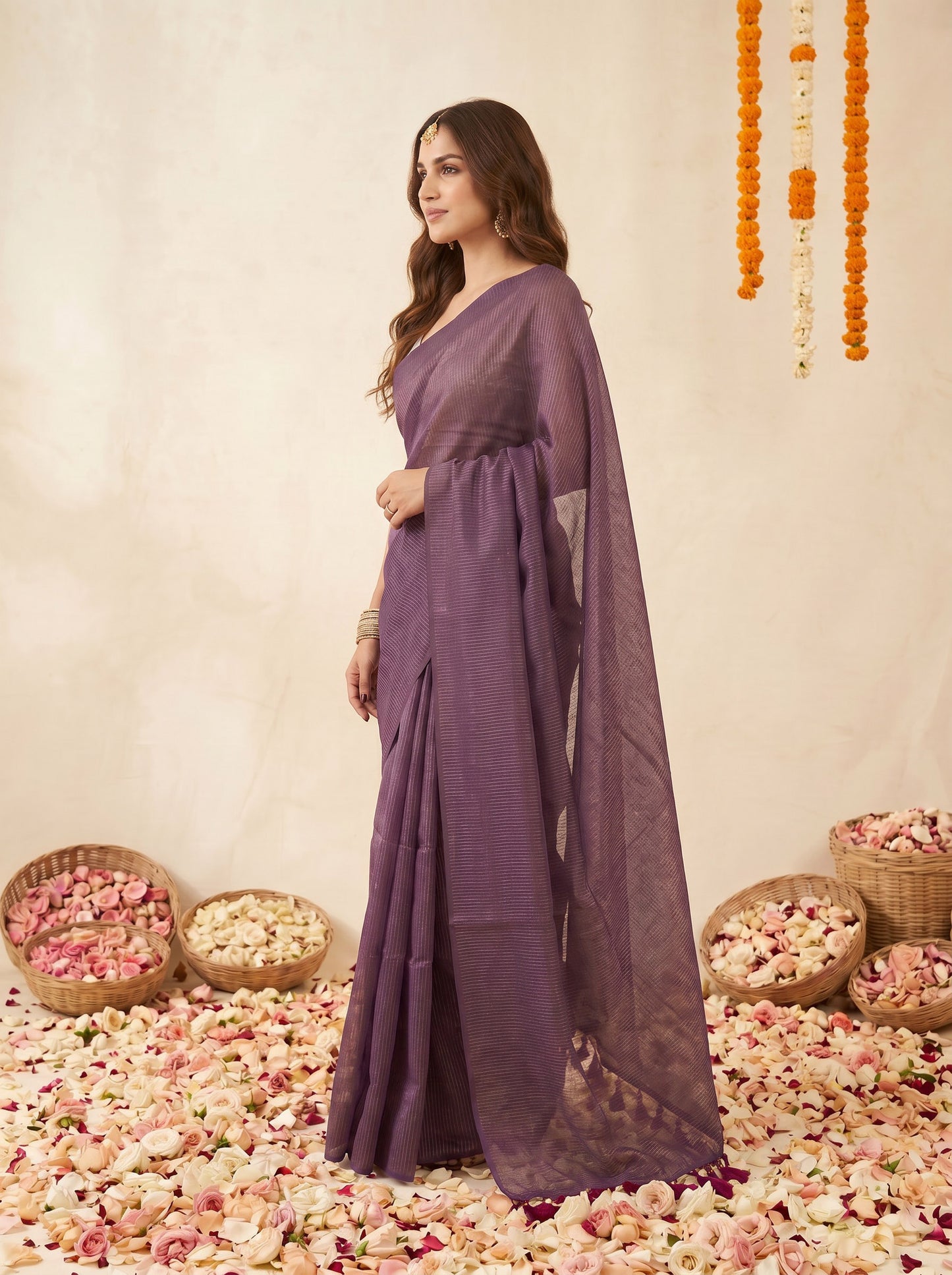 Merlot Gold - Purple Striped Mul Cotton Zari Saree