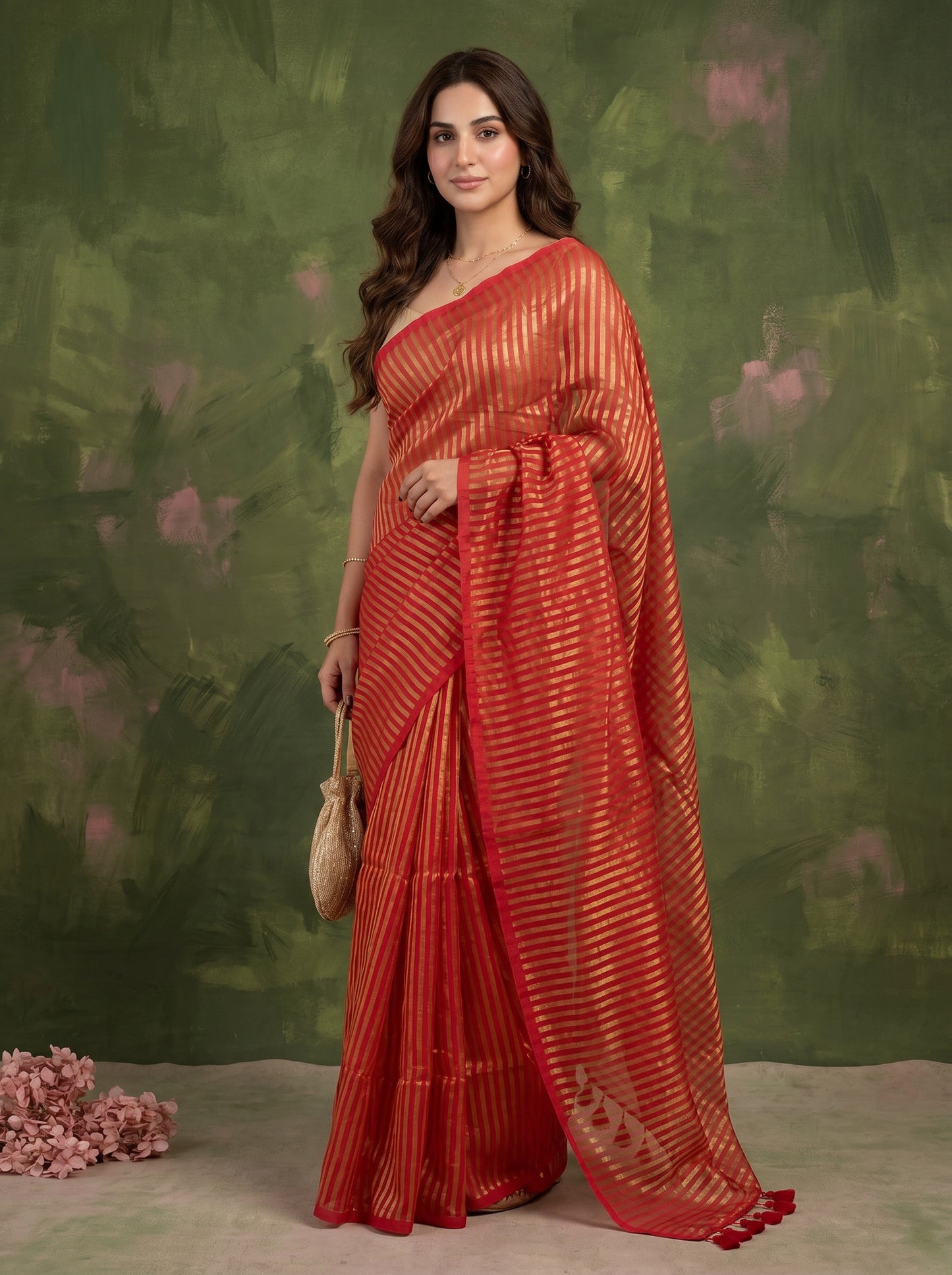 Manjari - Red Striped Mul Cotton Zari Saree