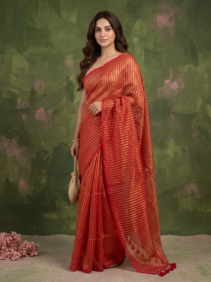 Manjari - Red Striped Mul Cotton Zari Saree