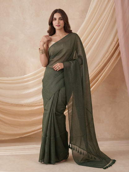 Emerald - Green Striped Mul Cotton Zari Saree