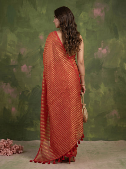 Manjari - Red Striped Mul Cotton Zari Saree