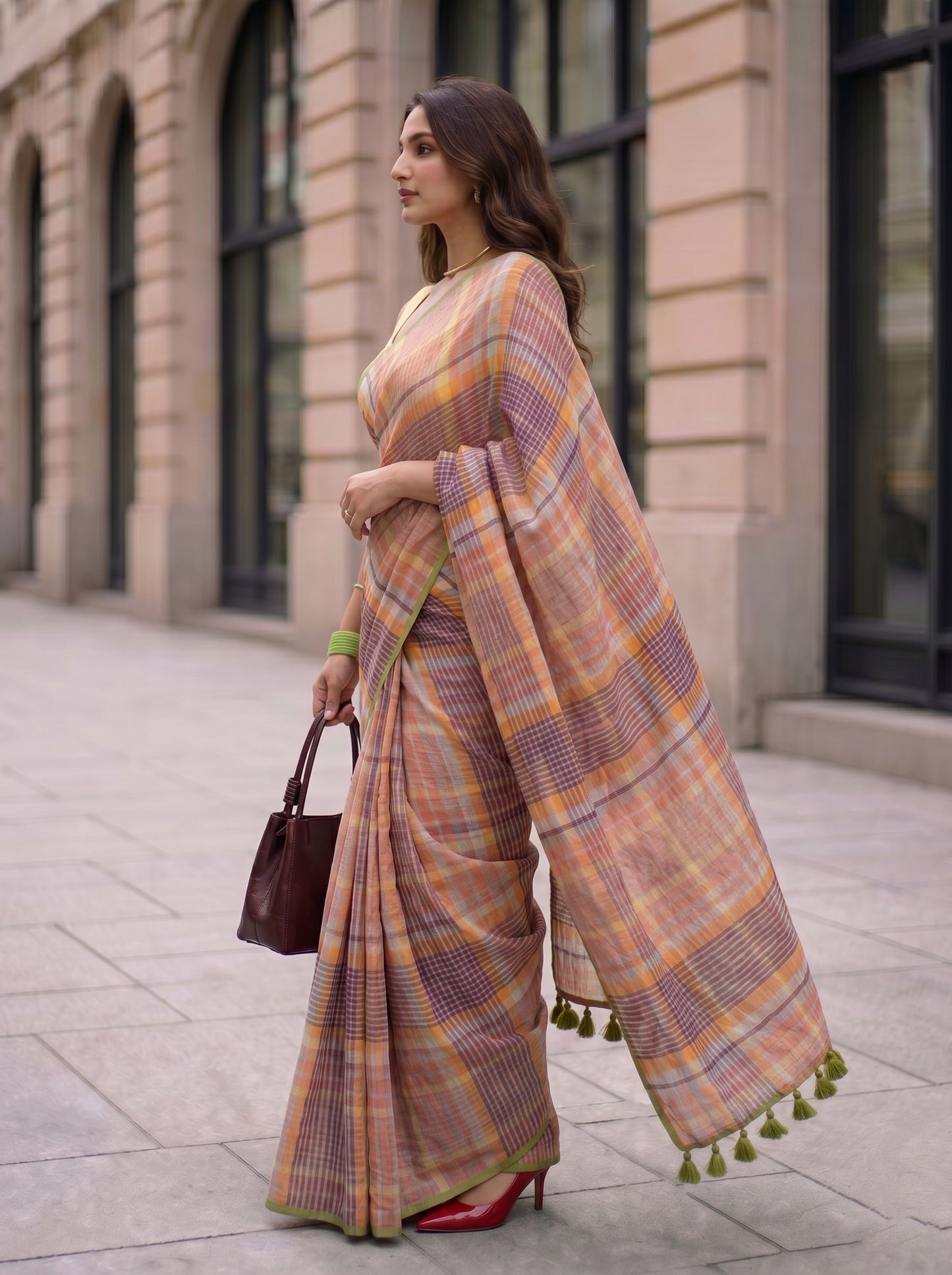 Boardroom - Multicolour Checked Pure Handloom Linen Saree