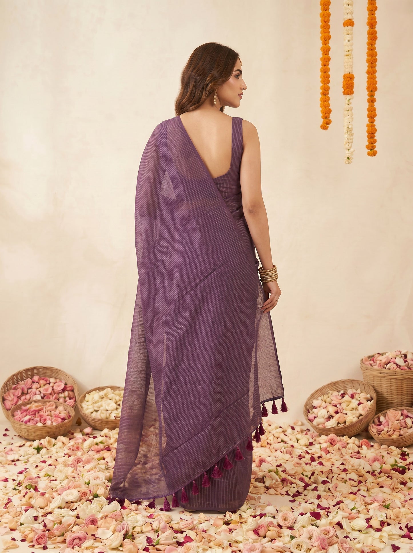 Merlot Gold - Purple Striped Mul Cotton Zari Saree