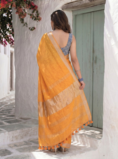 Golden Hour - Mustard Yellow Pure Handloom Linen Saree with Zari Border