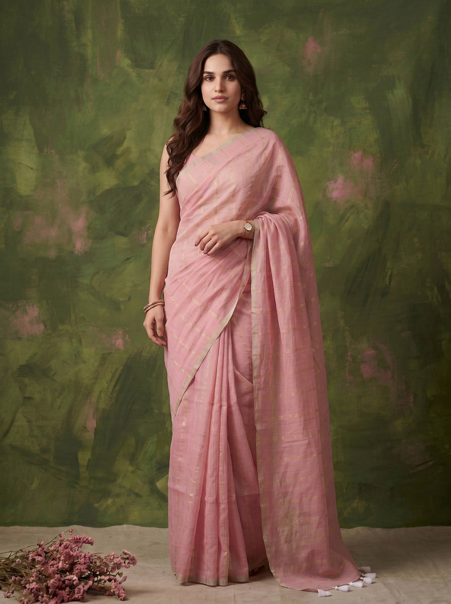 Tara - Pink Striped Mul Cotton Zari Saree